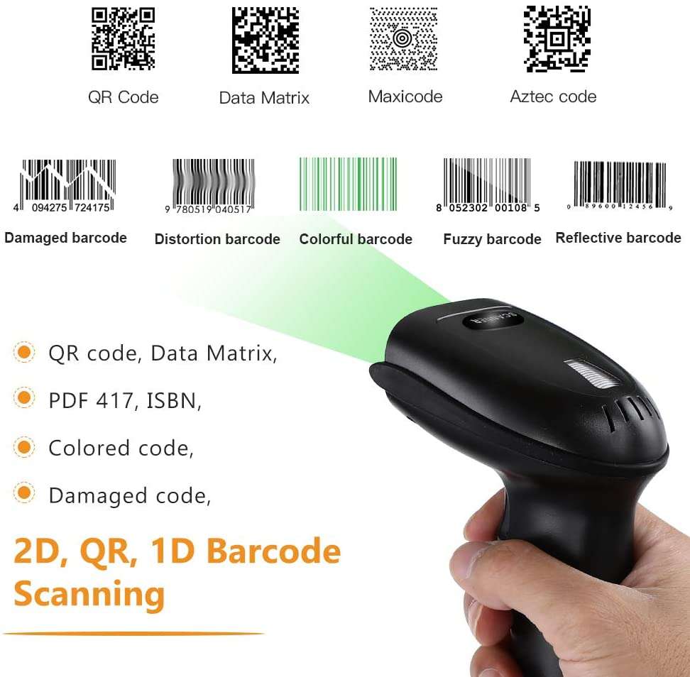 USB Barcode Scanner Wall Mountable, 2.4G Wireless 1D QR 2D Bar Code Reader CMOS Scree