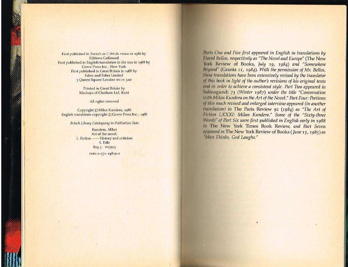 The art of the novel Milan Kundera (1st UK 1988)