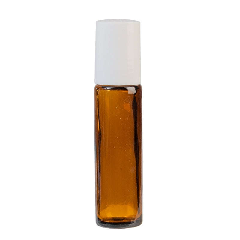 10ml Amber Glass Roll On Bottle with White Cap & Metal Ball