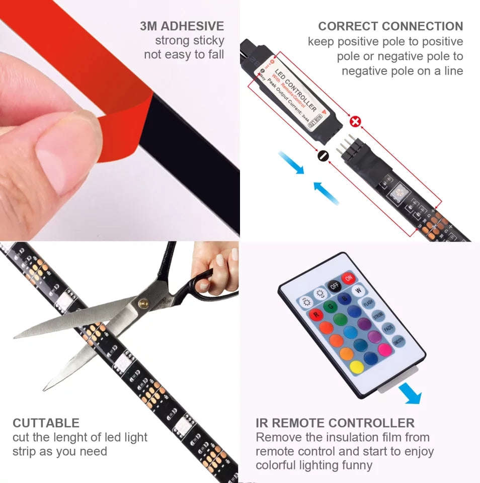 LED Light Strip 5050RGB Colorful TV Lighting 2 Meter Flexible 24-Key Remote Control DIY