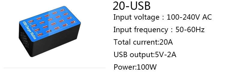 20-Port USB Hub Charger Power Adapter Wall Fast Charging Dock Station 100W Blue