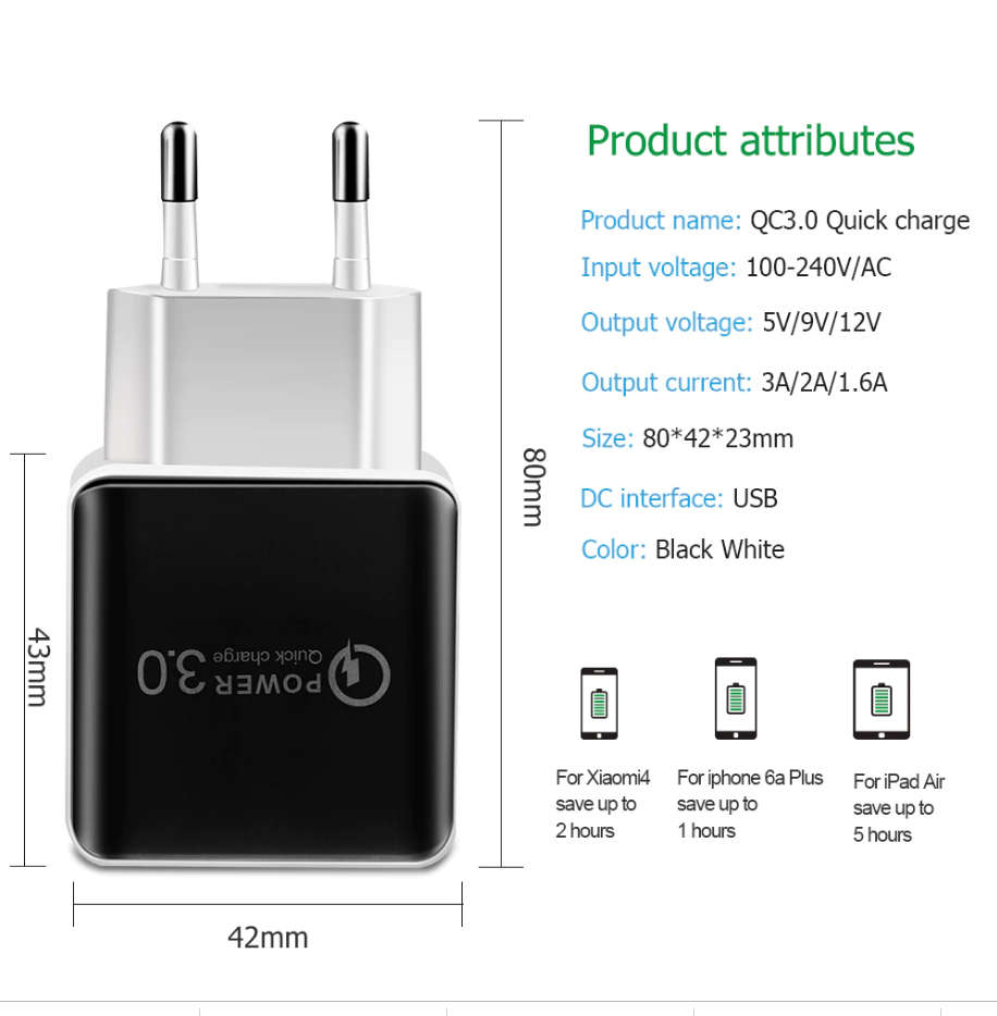 Quick Charge 3.0 USB  Wall Fast Travel Charger