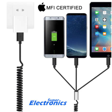 1.5M USB Type C / Lightning / Micro 3 in 1 Charging Cable Multiple Coiled Spring Cord