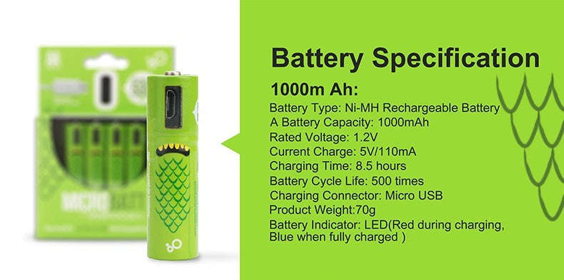 2pc Micro USB Rechargeable Battery 1000mah AA Green