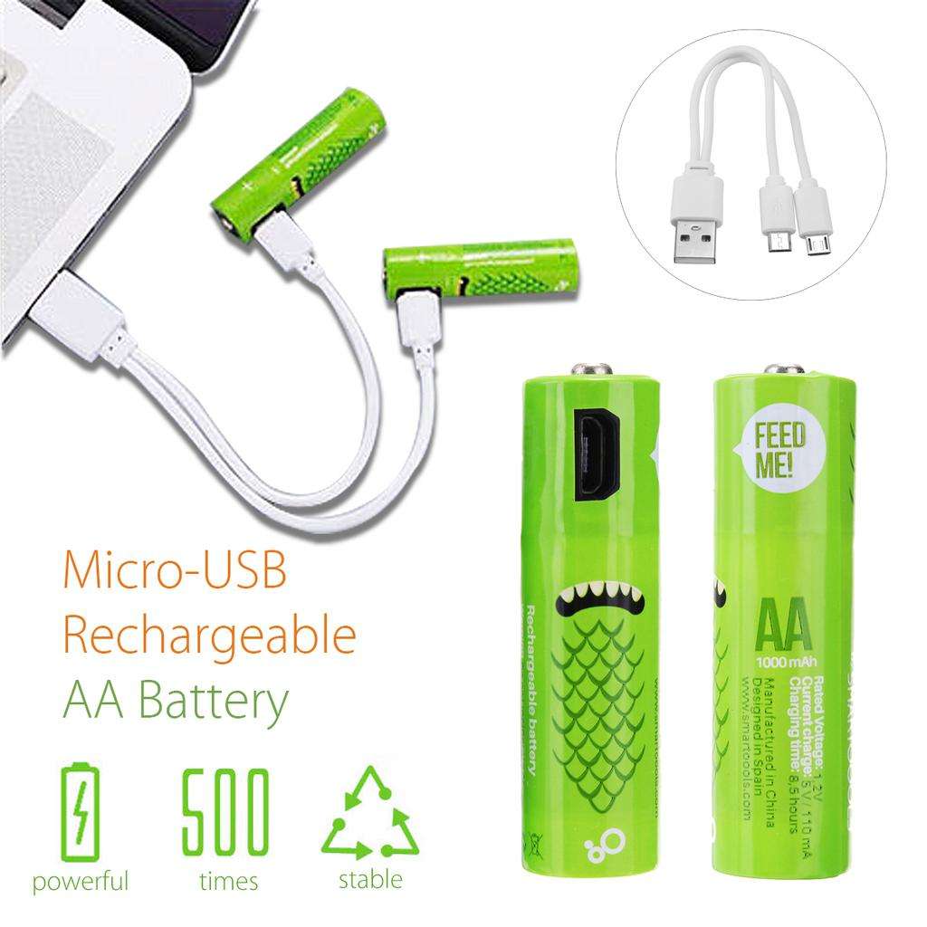 2pc Micro USB Rechargeable Battery 1000mah AA Green