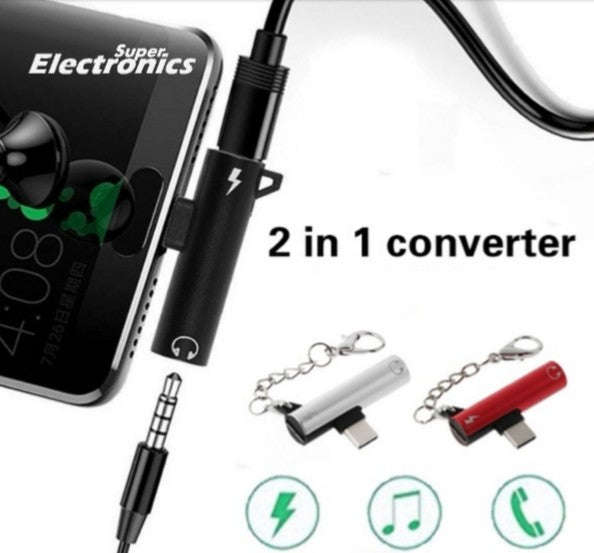 Type C 2in1 3.5mm Jack AUX and Charging Dual Adapter - Black