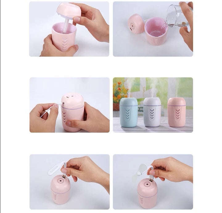 200ml 3 in 1 Fresh Air Mist Humidifier USB Powered LED Night Light Mini Desk Fan