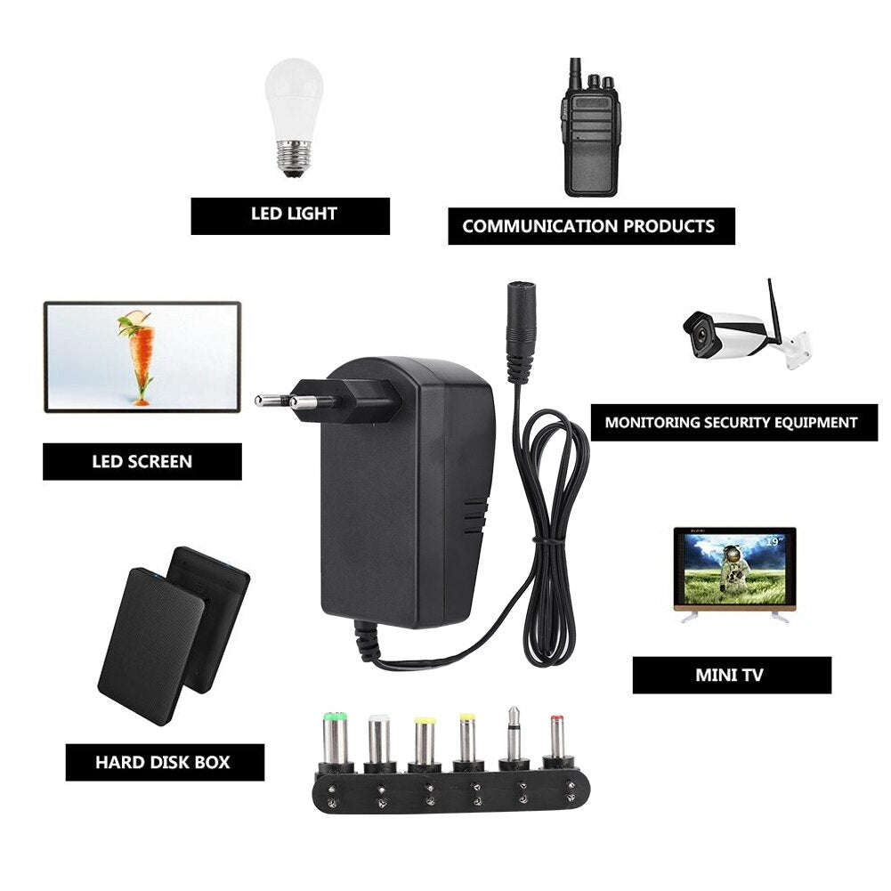 Universal 30W 3V-12V Adjustable Voltage Charging Power Adapter With 6 Connectors