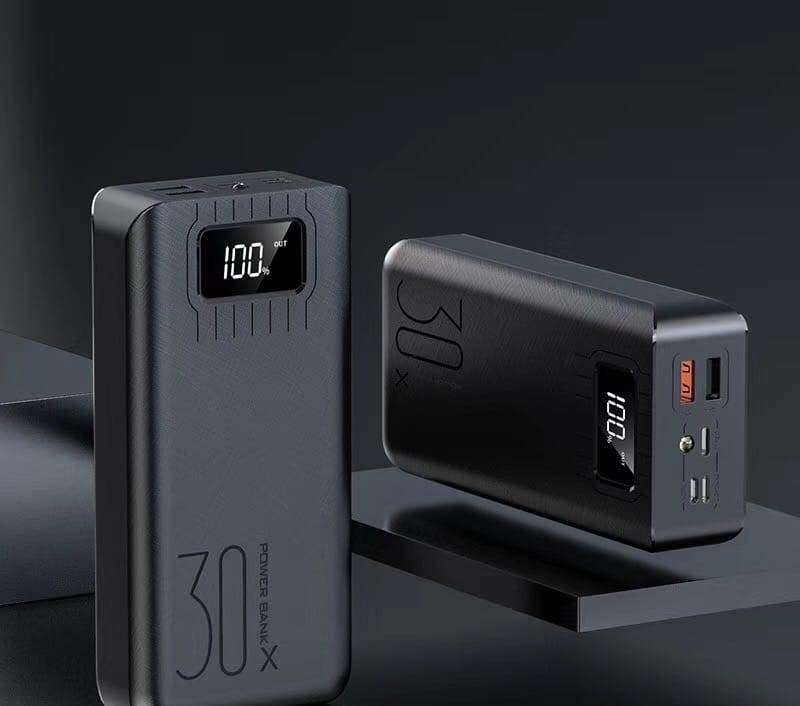 30000mAh Power Bank Type C Micro USB QC Fast Charging Powerbank with LED Digital Display - Black