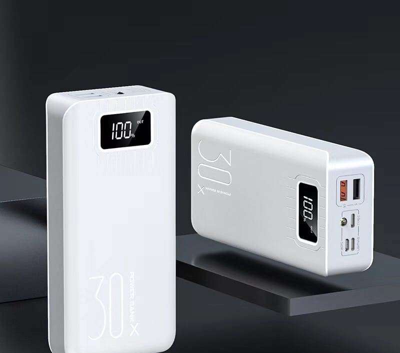 30000mAh Power Bank Type C Micro USB QC Fast Charging Powerbank with LED Digital Display - White