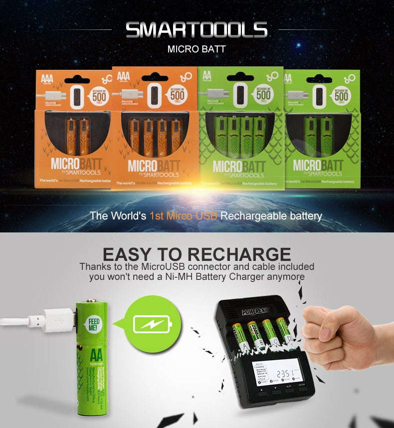 2pc Micro USB Rechargeable Battery 1000mah AA Green