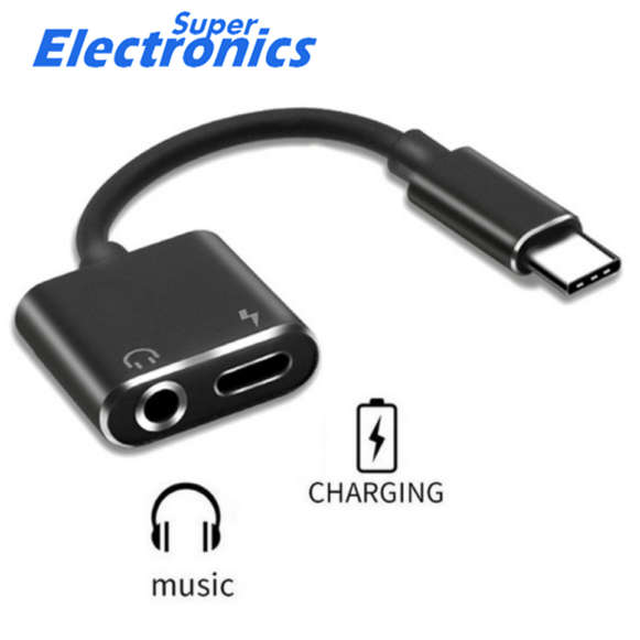 Adapter Type C Male to Aux 3.5mm Female and USB Type C Female - black