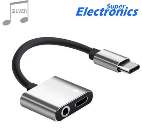 Adapter Type C Male to Aux 3.5mm Female and USB Type C Female - silver