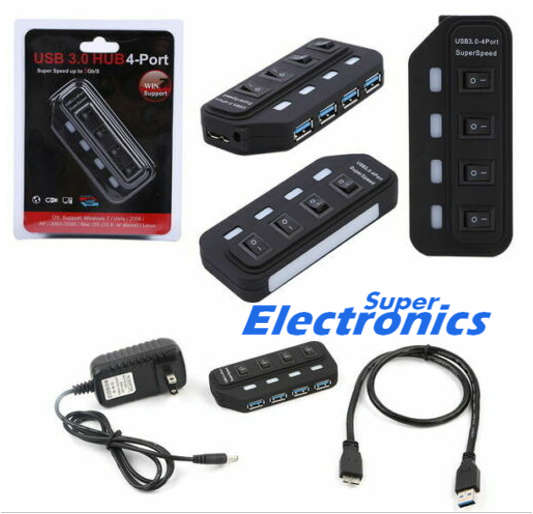 4 Ports USB 3.0 HUB Super Speed 5Gb/s External Switch+5V 0.25A Power Supply