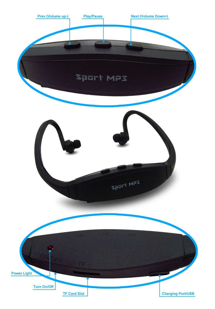 Wireless Bluetooth Sports MP3 Player with Micro SD Card Slot - Black