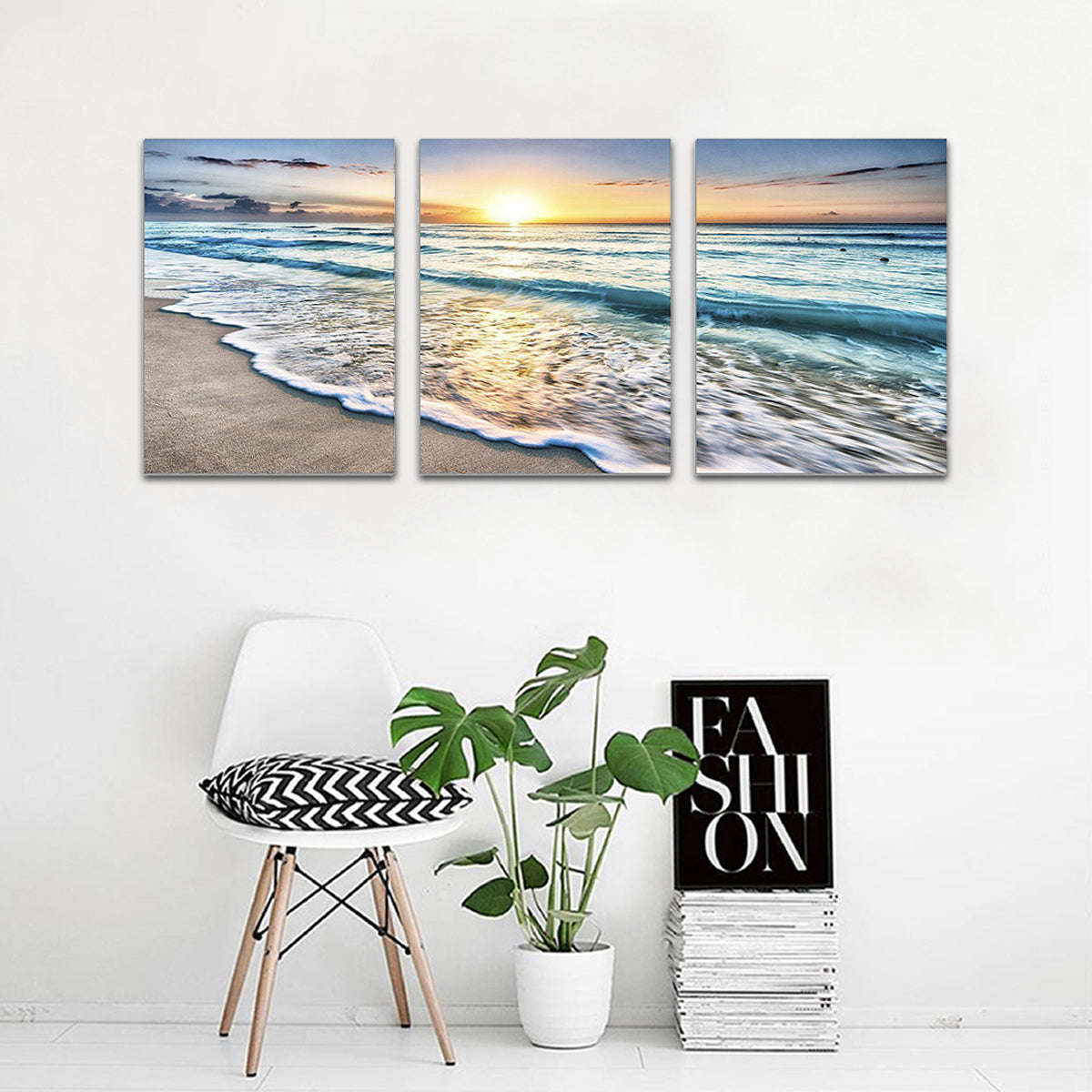 Beach Canvas Wall Art Sunset Sand Ocean 3 Panel - Unframed