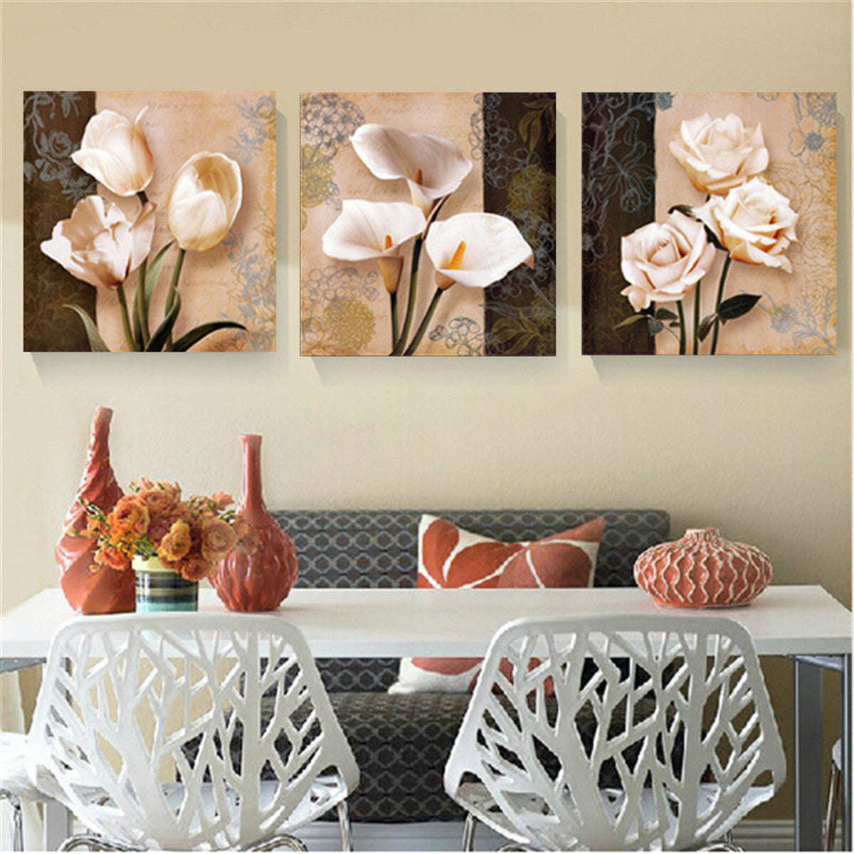 3 Panel Orchid Rose Flowers Canvas Unframed