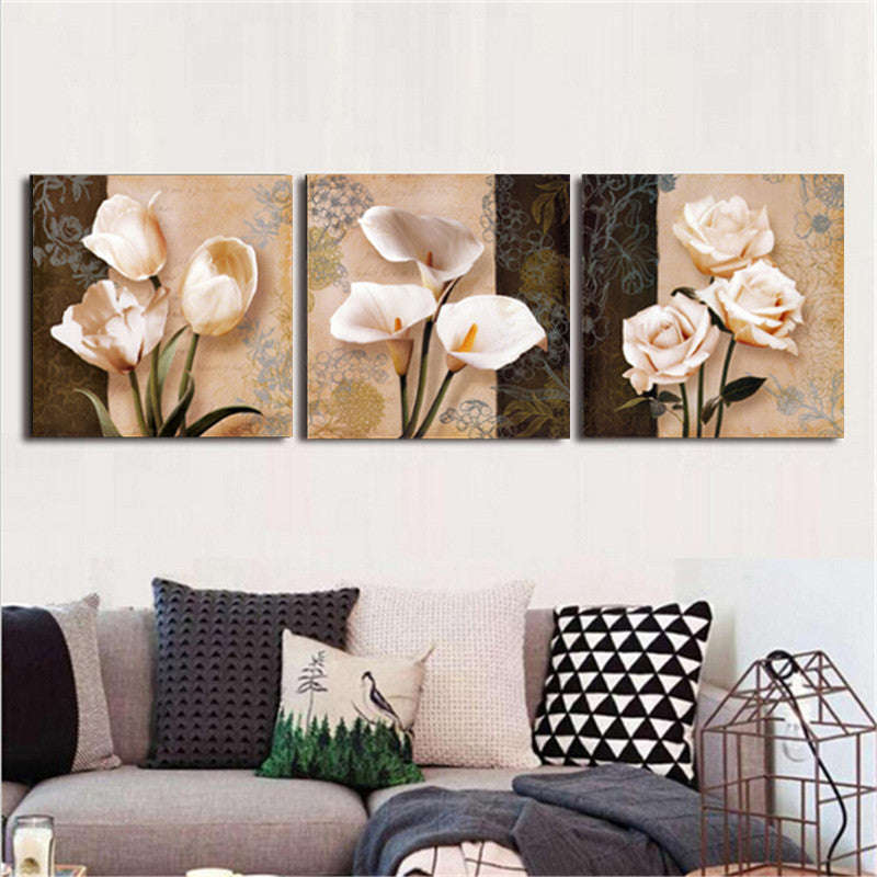 3 Panel Orchid Rose Flowers Canvas Unframed