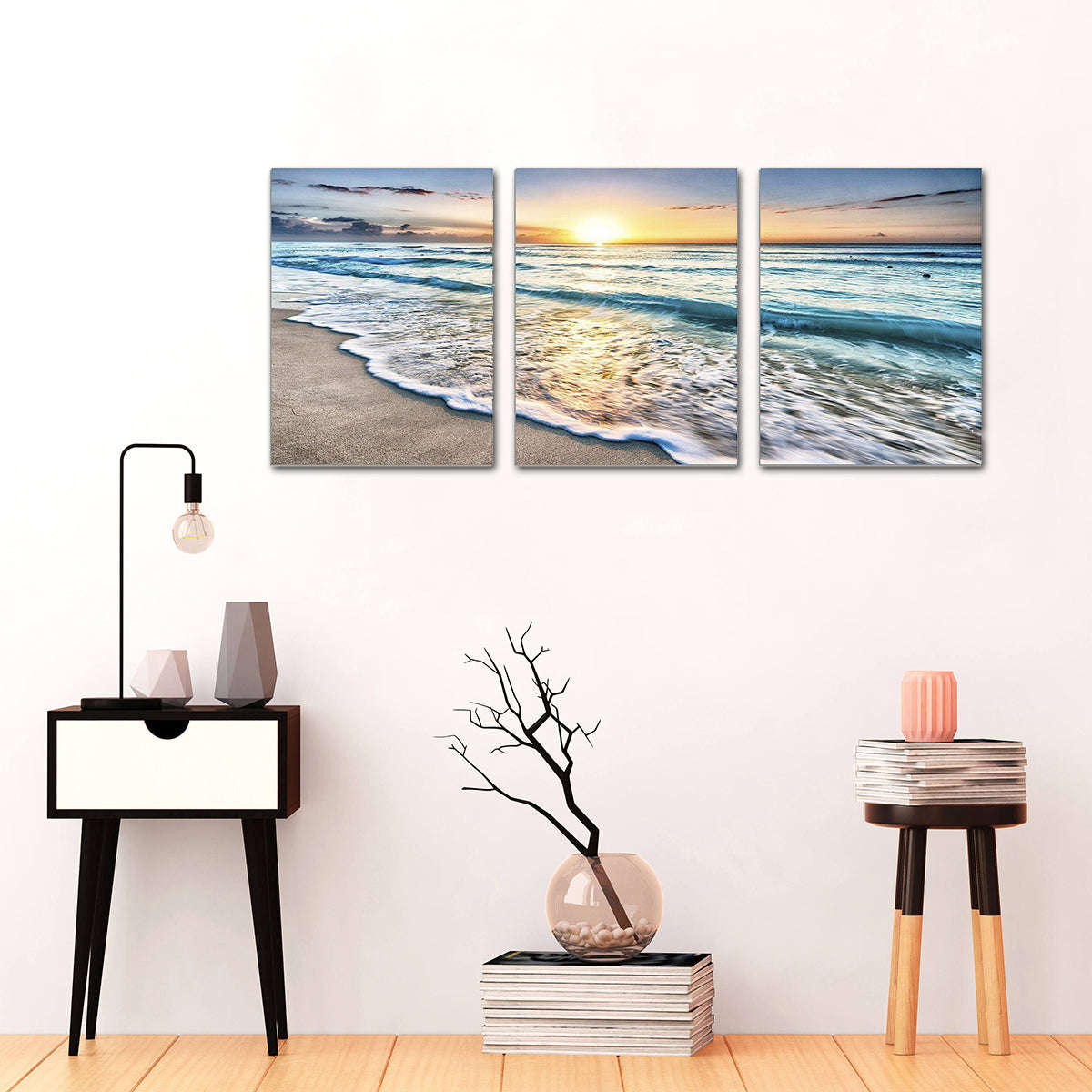 Beach Canvas Wall Art Sunset Sand Ocean 3 Panel - Unframed