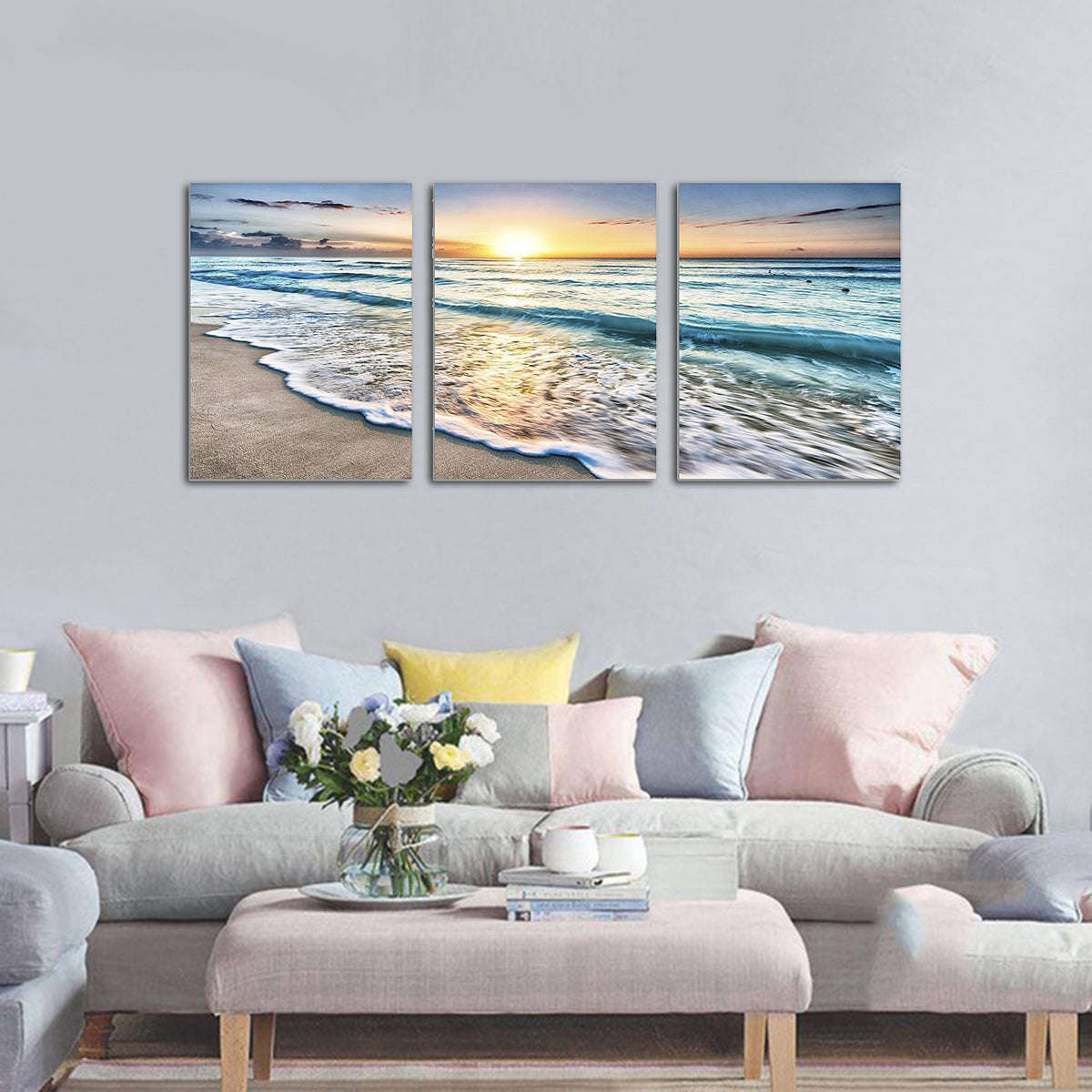 Beach Canvas Wall Art Sunset Sand Ocean 3 Panel - Unframed