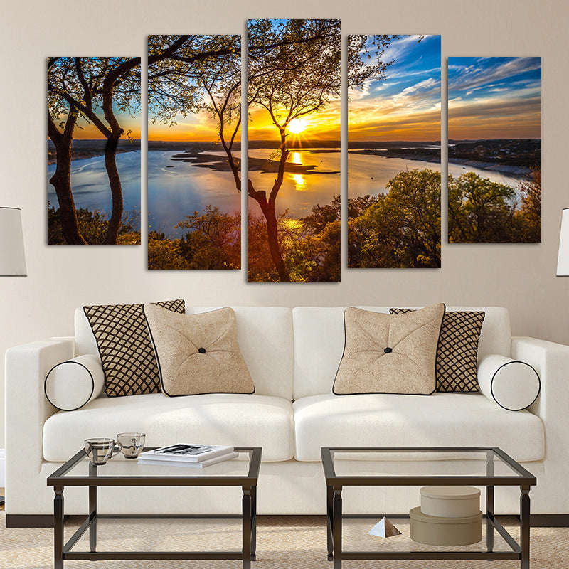 5 Panel Canvas Painting Sunset Lake Tree Unframed - S