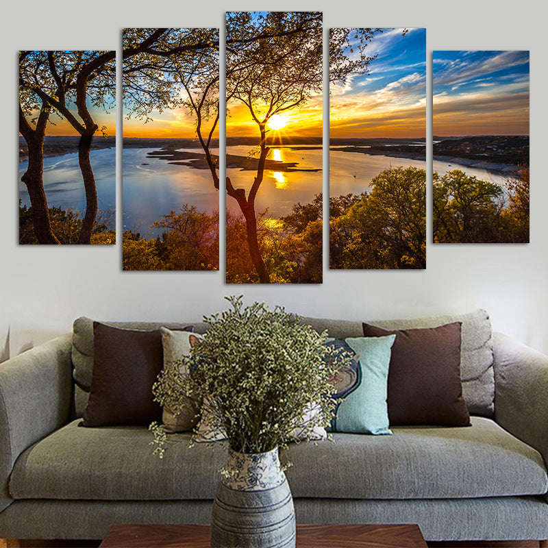 5 Panel Canvas Painting Sunset Lake Tree Unframed - S