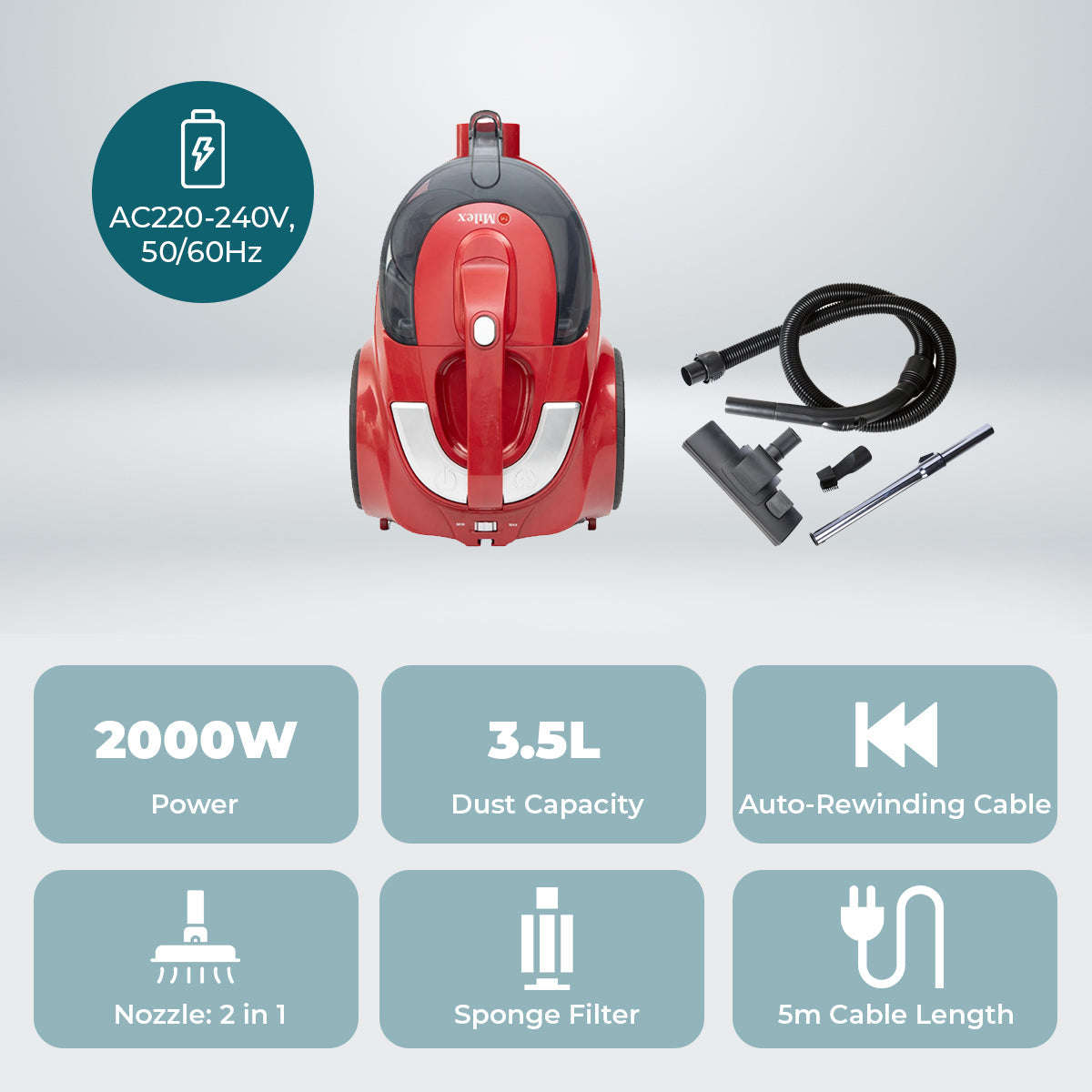 Milex Cyclonic Vacuum  2000W Bagless Vacuum Cleaner with 3.5L Dust Bin