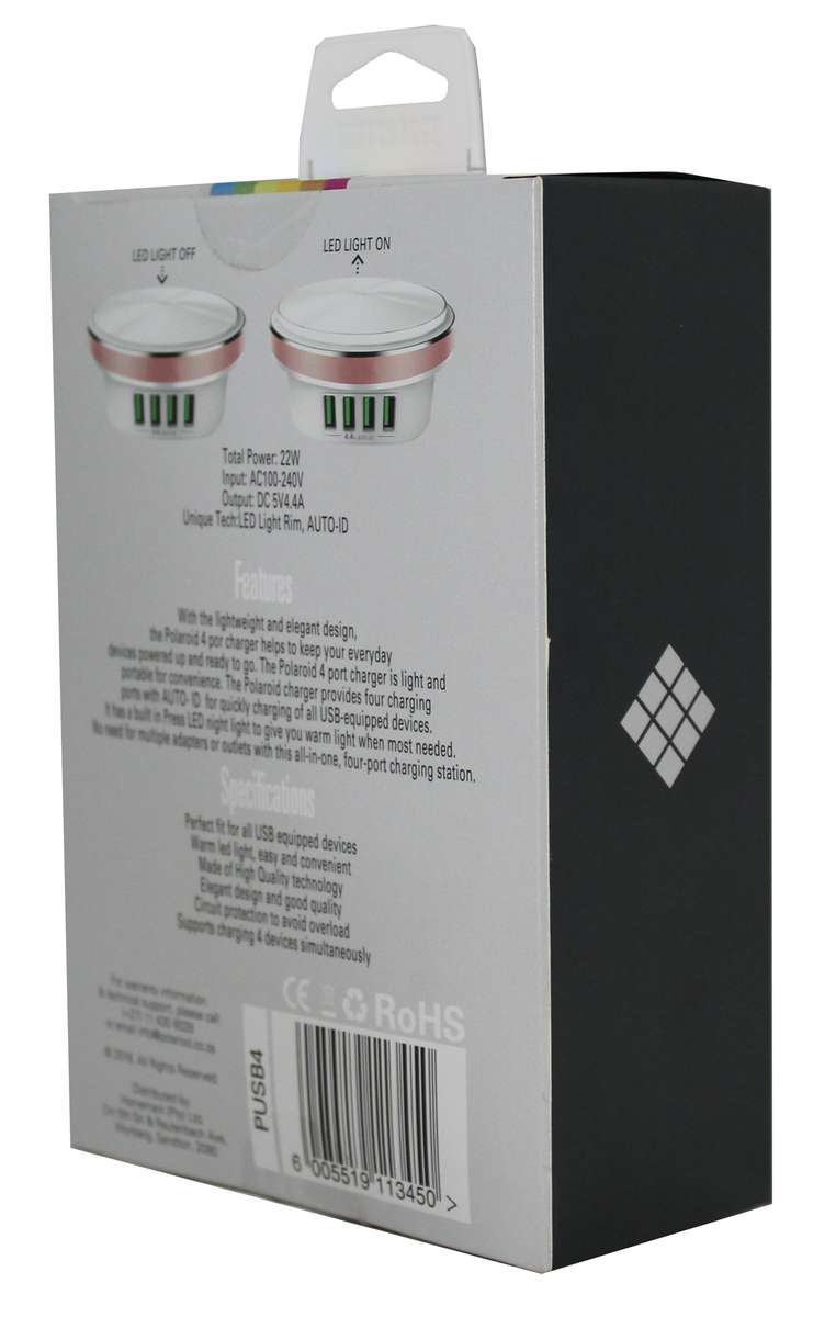 Polaroid 4-Port USB Charger with LED Night Light  22W Fast USB Charging Station