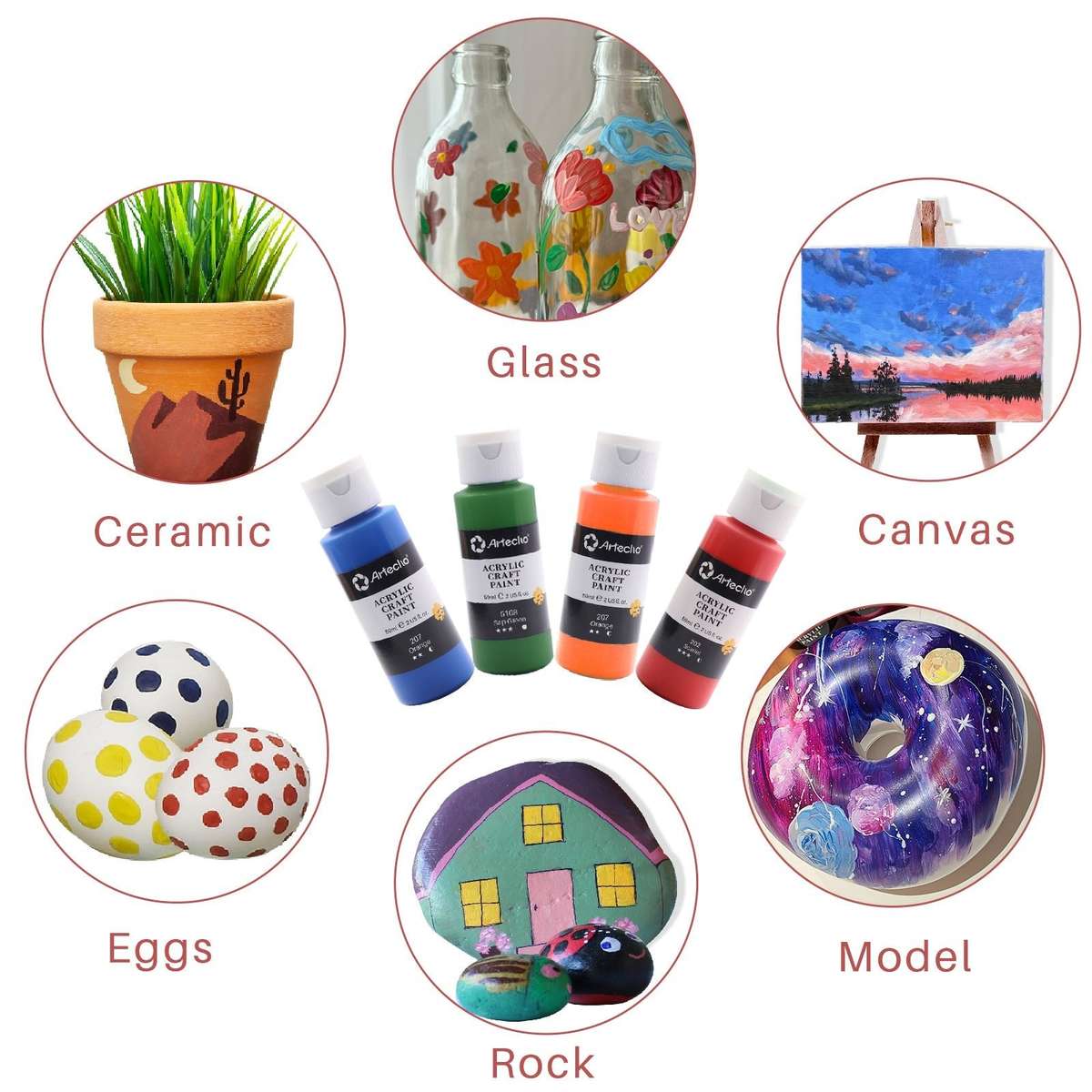 Artecho 24 Colours Acrylic Paint Set & 10pc Paint Brush Set - 59ml Bottles