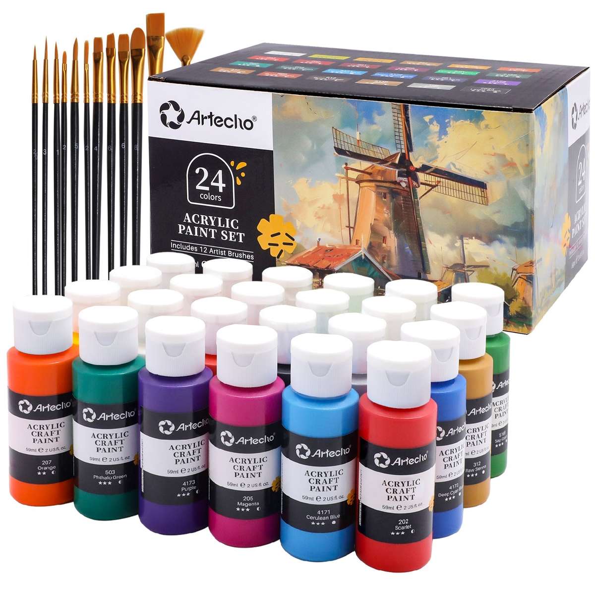 Artecho 24 Colours Acrylic Paint Set & 10pc Paint Brush Set - 59ml Bottles