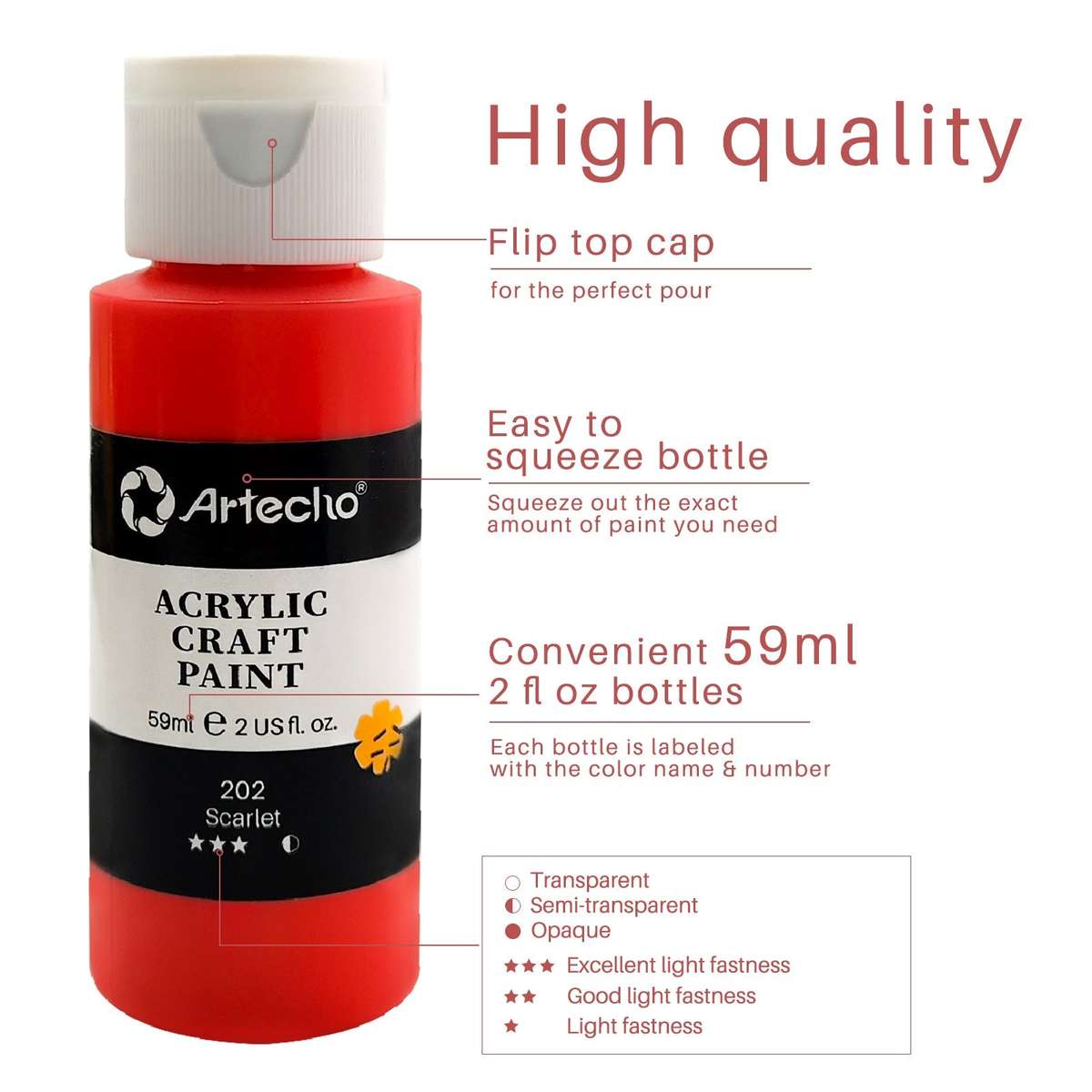 Artecho 24 Colours Acrylic Paint Set & 10pc Paint Brush Set - 59ml Bottles