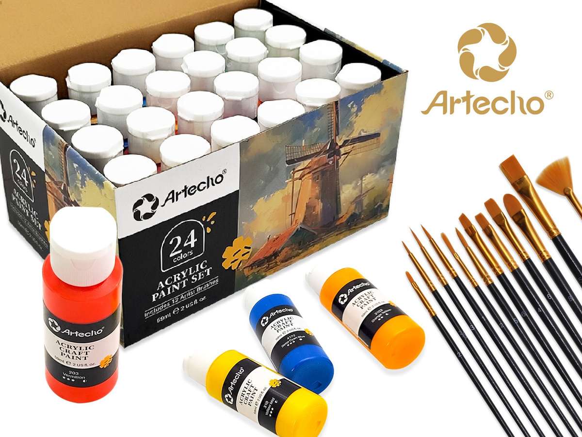 Artecho 24 Colours Acrylic Paint Set & 10pc Paint Brush Set - 59ml Bottles