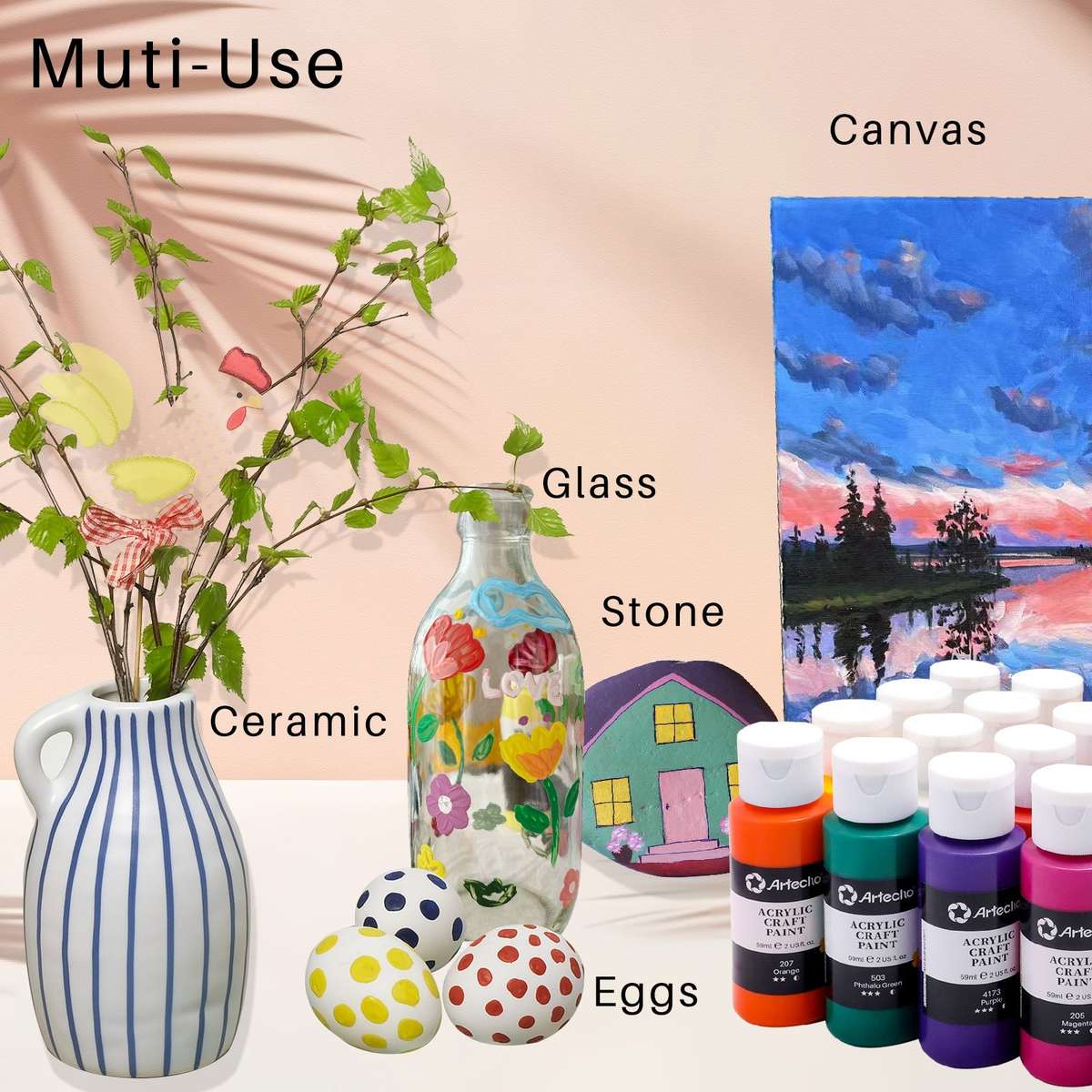 Artecho 24 Colours Acrylic Paint Set & 10pc Paint Brush Set - 59ml Bottles