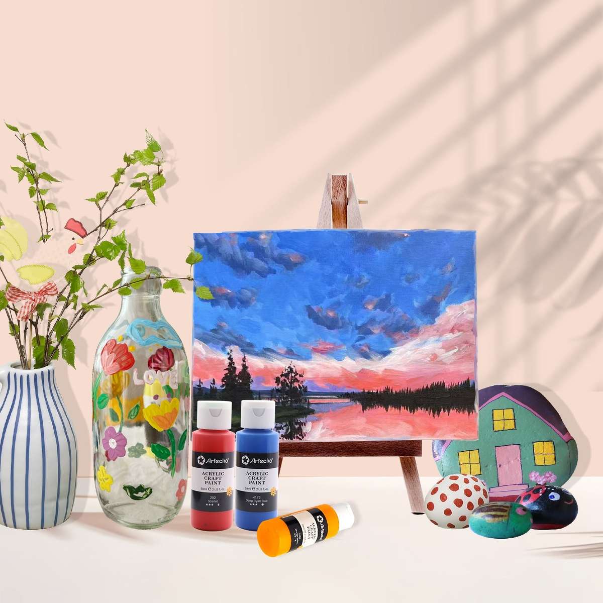 Artecho 24 Colours Acrylic Paint Set & 10pc Paint Brush Set - 59ml Bottles