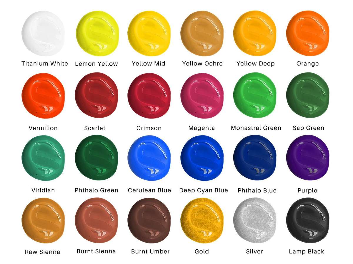 Artecho 24 Colours Acrylic Paint Set & 10pc Paint Brush Set - 59ml Bottles