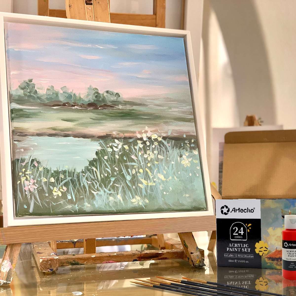 Artecho 24 Colours Acrylic Paint Set & 10pc Paint Brush Set - 59ml Bottles