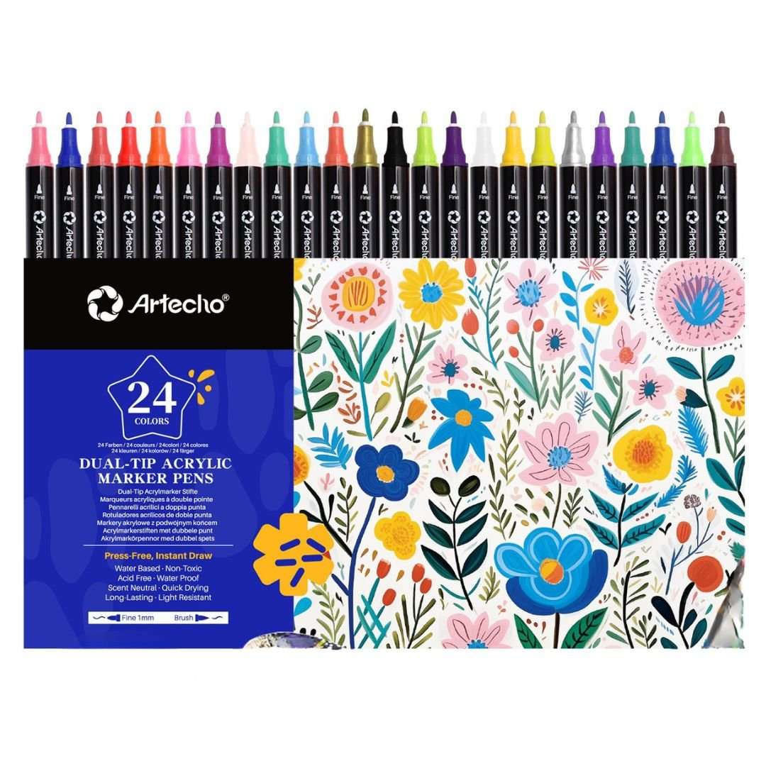 Artecho Double Tip Acrylic Marker Set of 24 Colours - 0.5-5mm Line Width