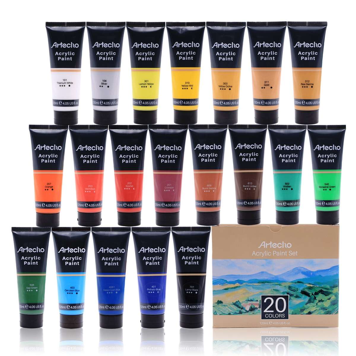 Artecho Acrylic Paint Set 20 Colours 4.05 oz/ 120ml Tube Art Paint