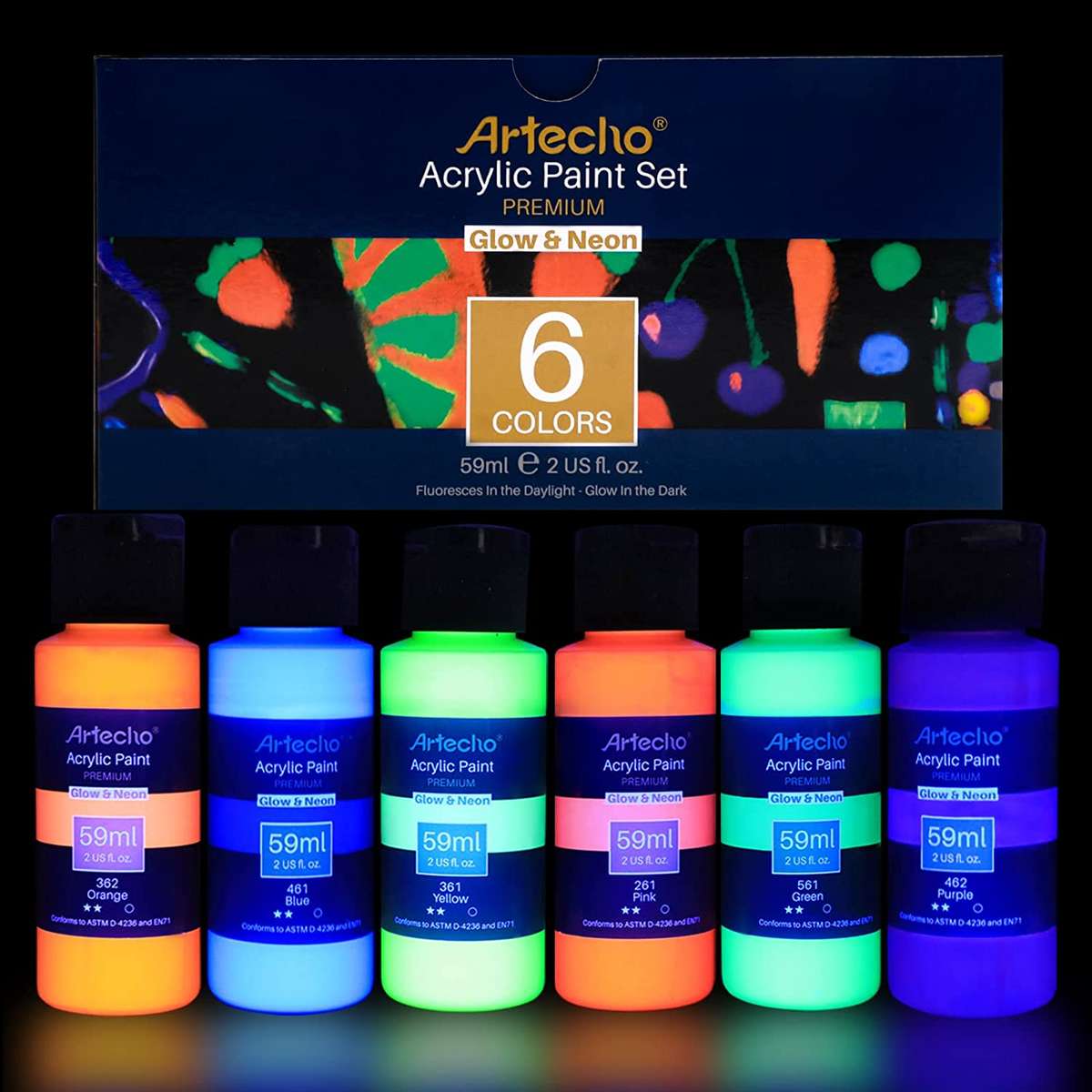 Artecho Glow in the Dark Paint - Set of 6 Colours, 60ml Acrylic Paints