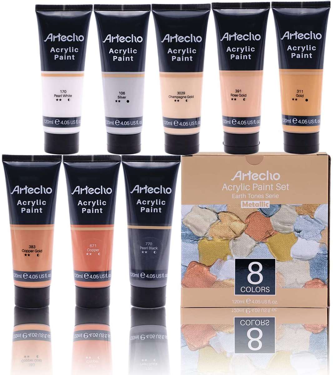 Artecho Metallic Acrylic Paint set - Earth Tone - Set of 8 Colours, 120ml Acrylic Paints