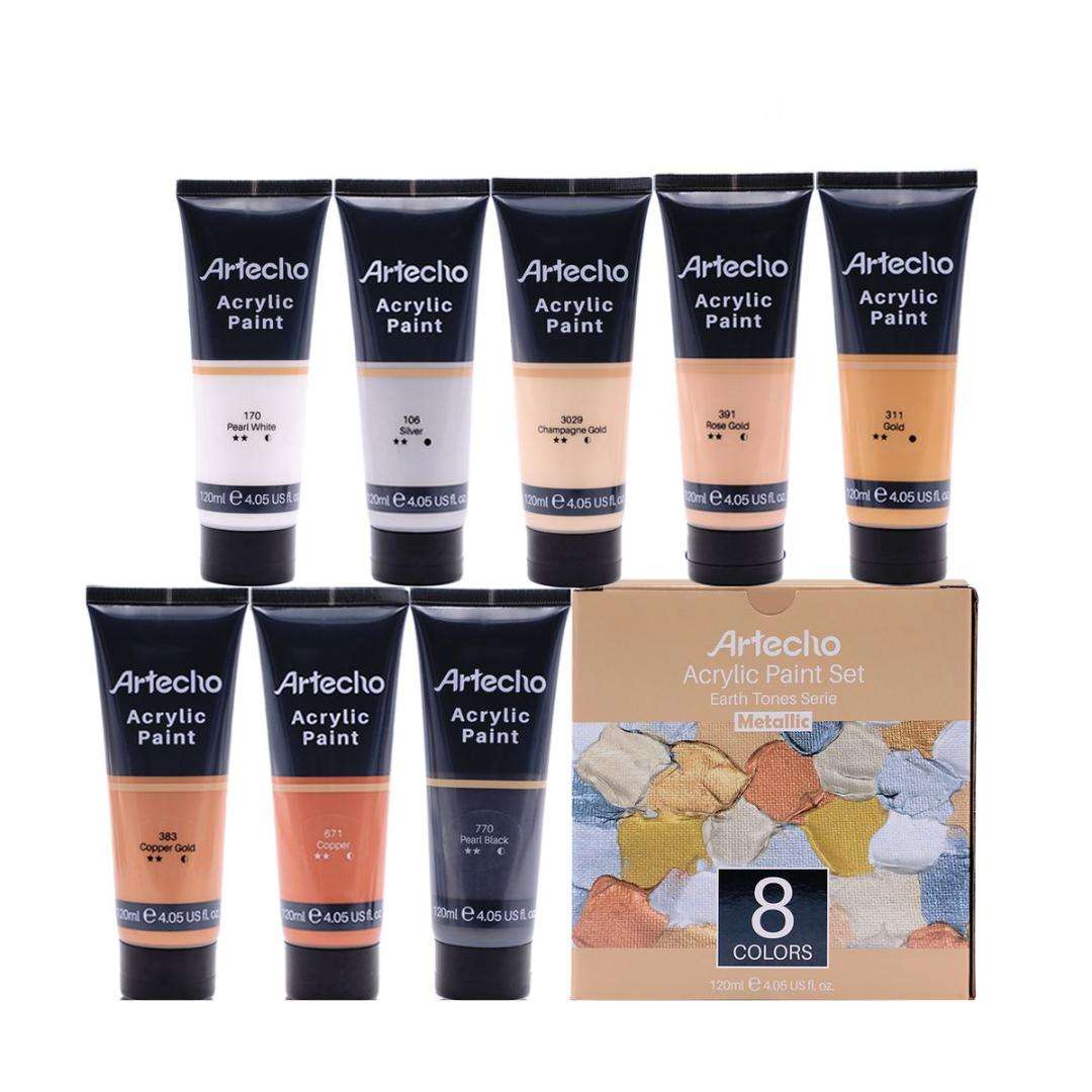 Artecho Metallic Acrylic Paint set - Earth Tone - Set of 8 Colours, 120ml Acrylic Paints
