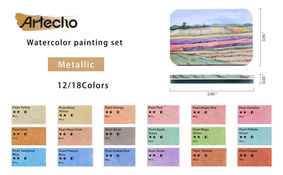Artecho Metallic Watercolour Paint Set in Tin Case - Professional 18 colour