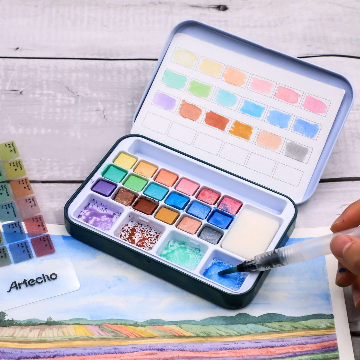 Artecho Metallic Watercolour Paint Set in Tin Case - Professional 18 colour