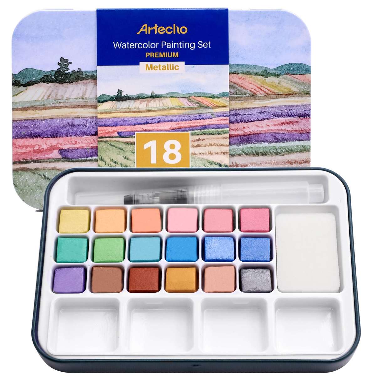 Artecho Metallic Watercolour Paint Set in Tin Case - Professional 18 colour