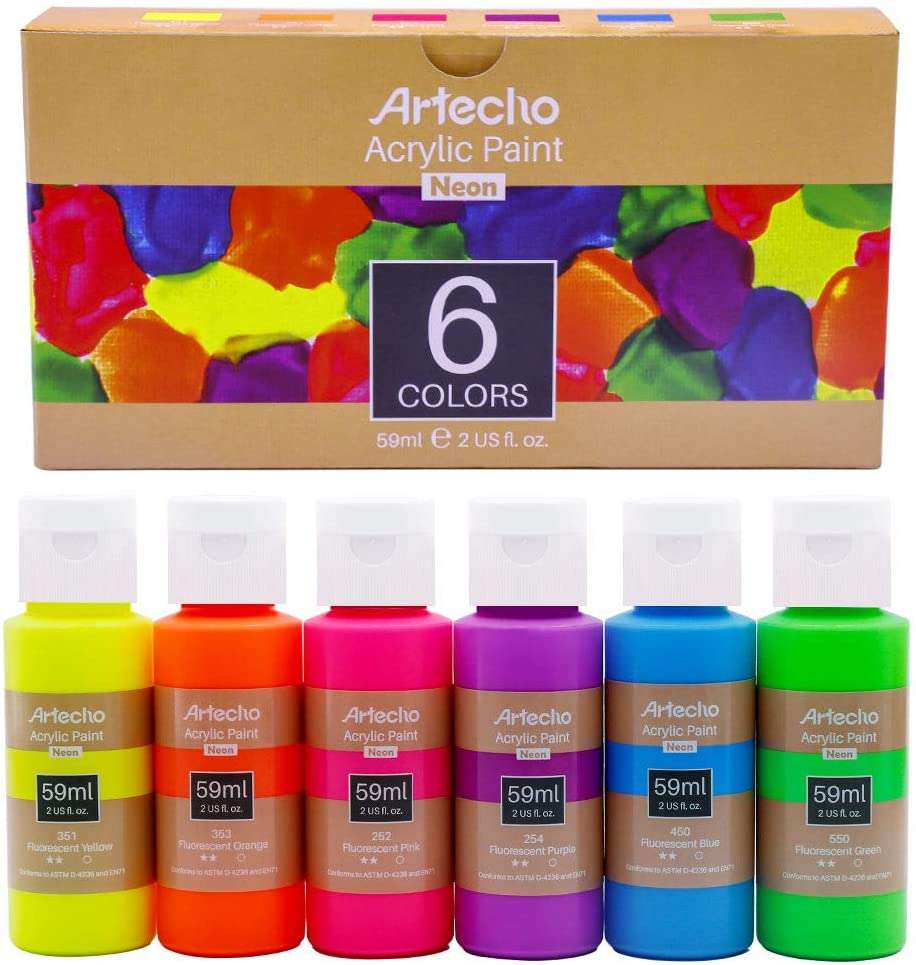 Artecho Neon Paint - Set of 6 Colours, 60ml Acrylic Paint