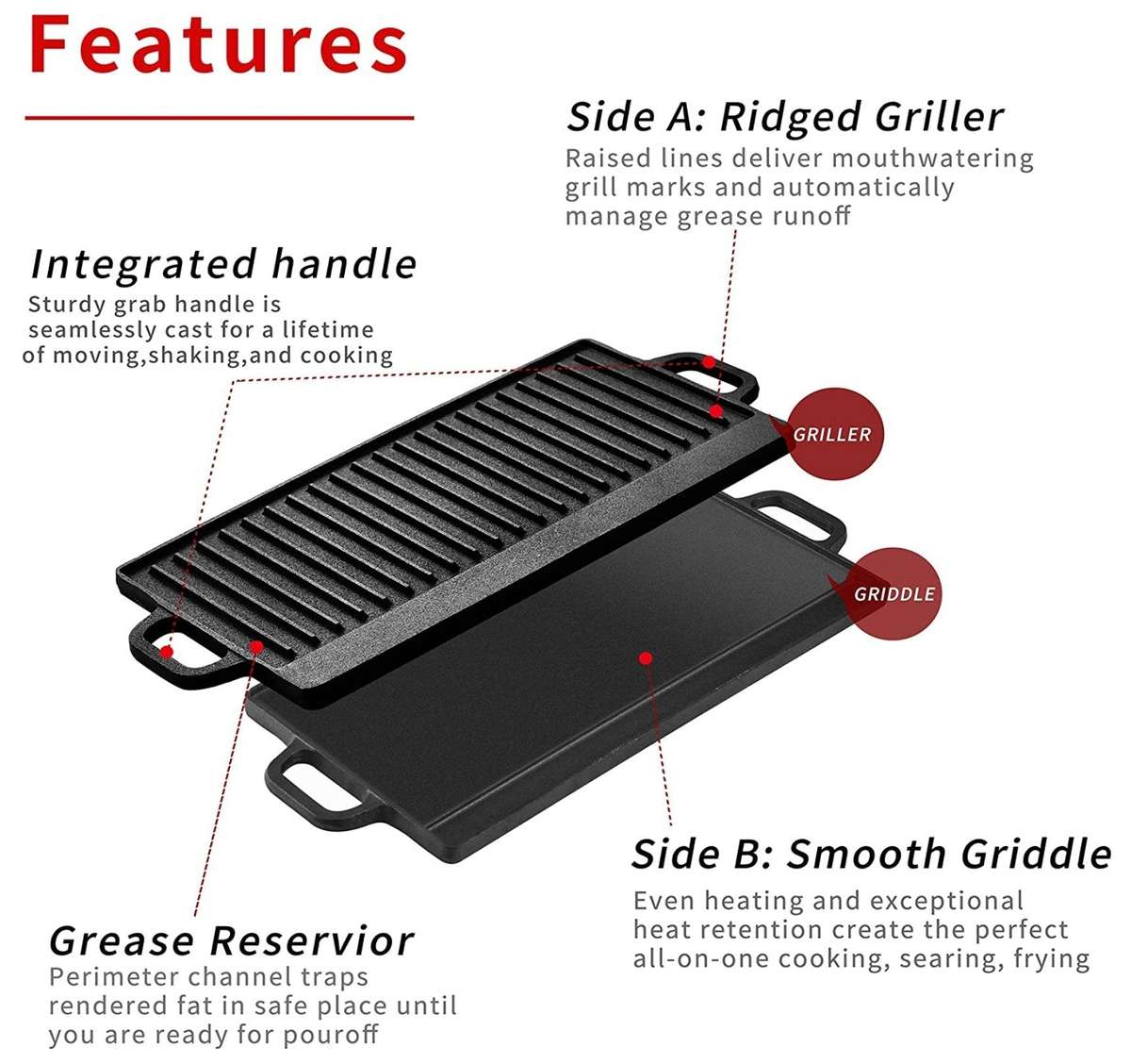 Lifespace Cast Iron Reversible Griddle Plate Pan