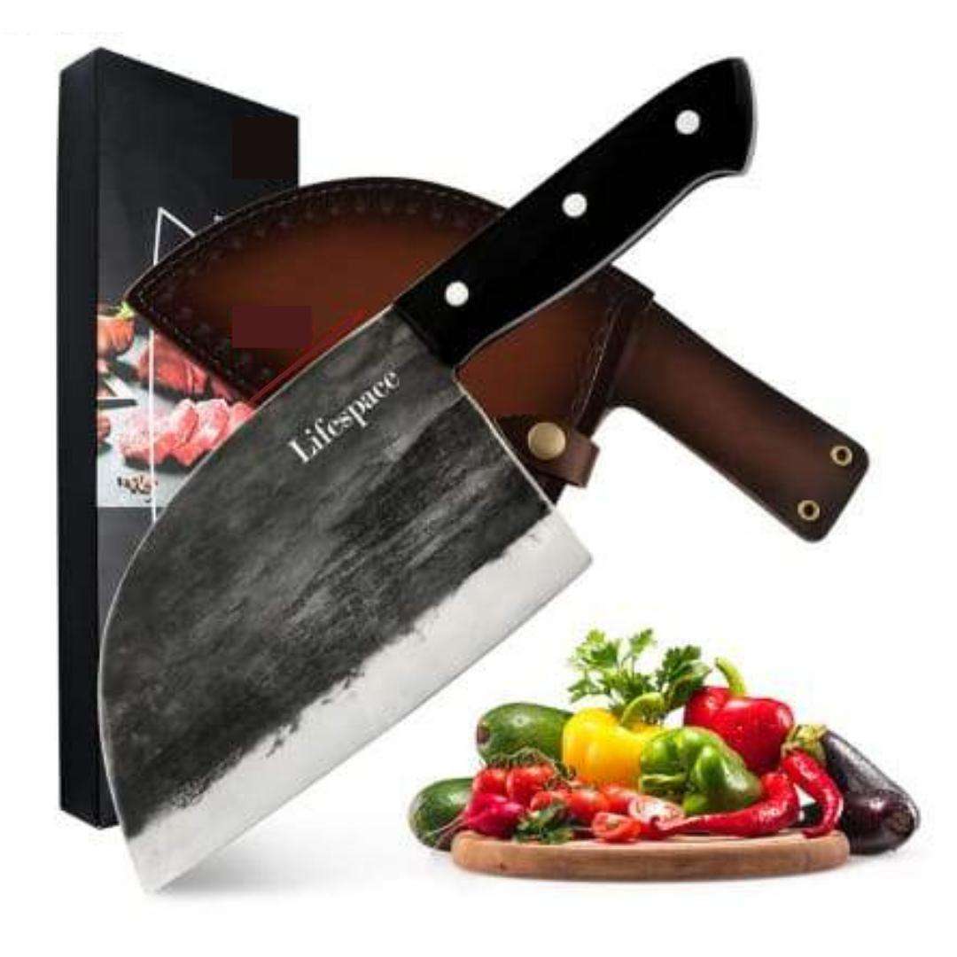 Lifespace Hammer Forged Full Tang Butcher Cleaver with Leather Sheath