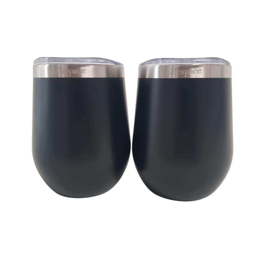 Lifespace Premium Stainless Steel Matt Black Double Walled Wine Cups / Mug - Pair