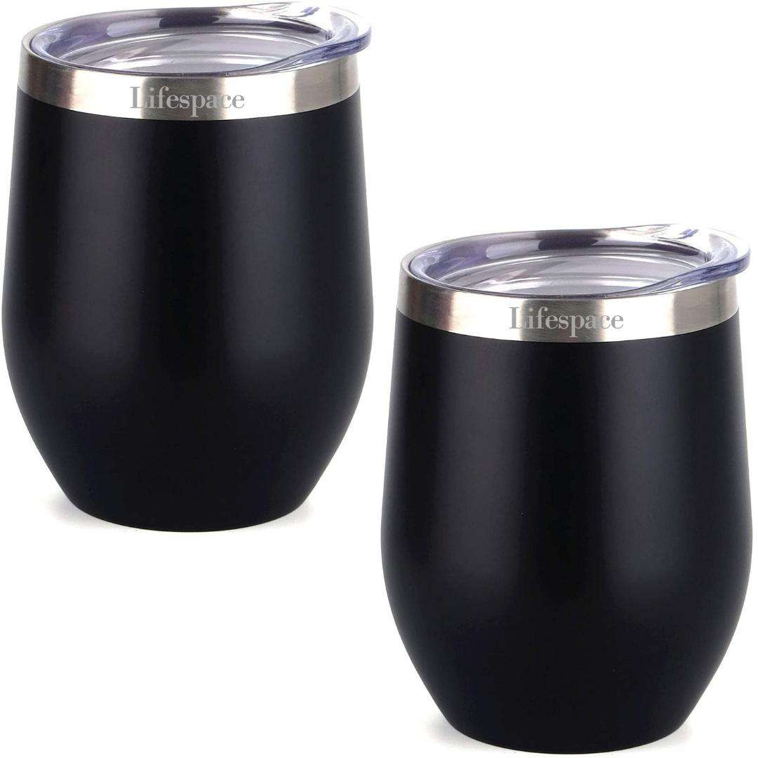 Lifespace Premium Stainless Steel Matt Black Double Walled Wine Cups / Mug - Pair