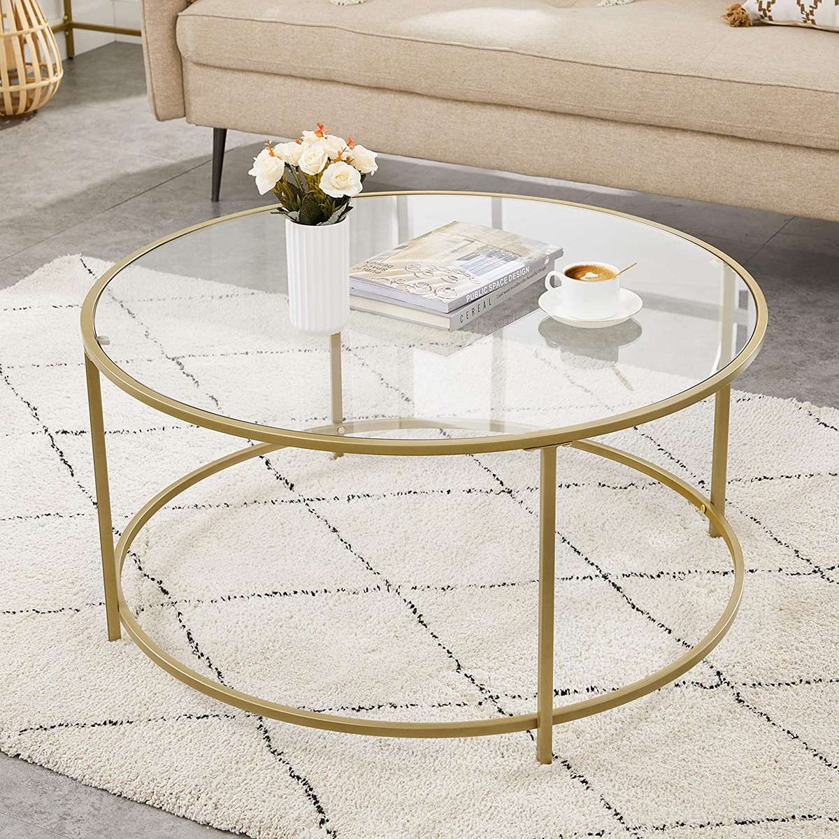 Lifespace Round Glass Coffee Centre Table with Gold Frame
